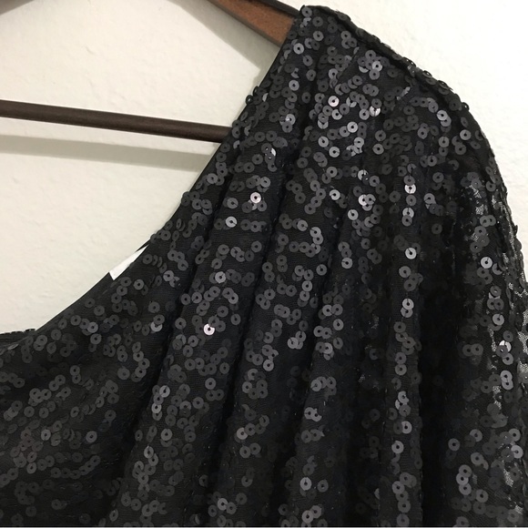Jessica Simpson One Shoulder Flutter Sleeve Black Sequins Mini Dress Size 4 - Picture 4 of 12